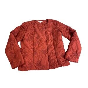 Coldwater Creek Women's 8 Red Quilted Puffer Jacket Embroidered Pockets Zip Up